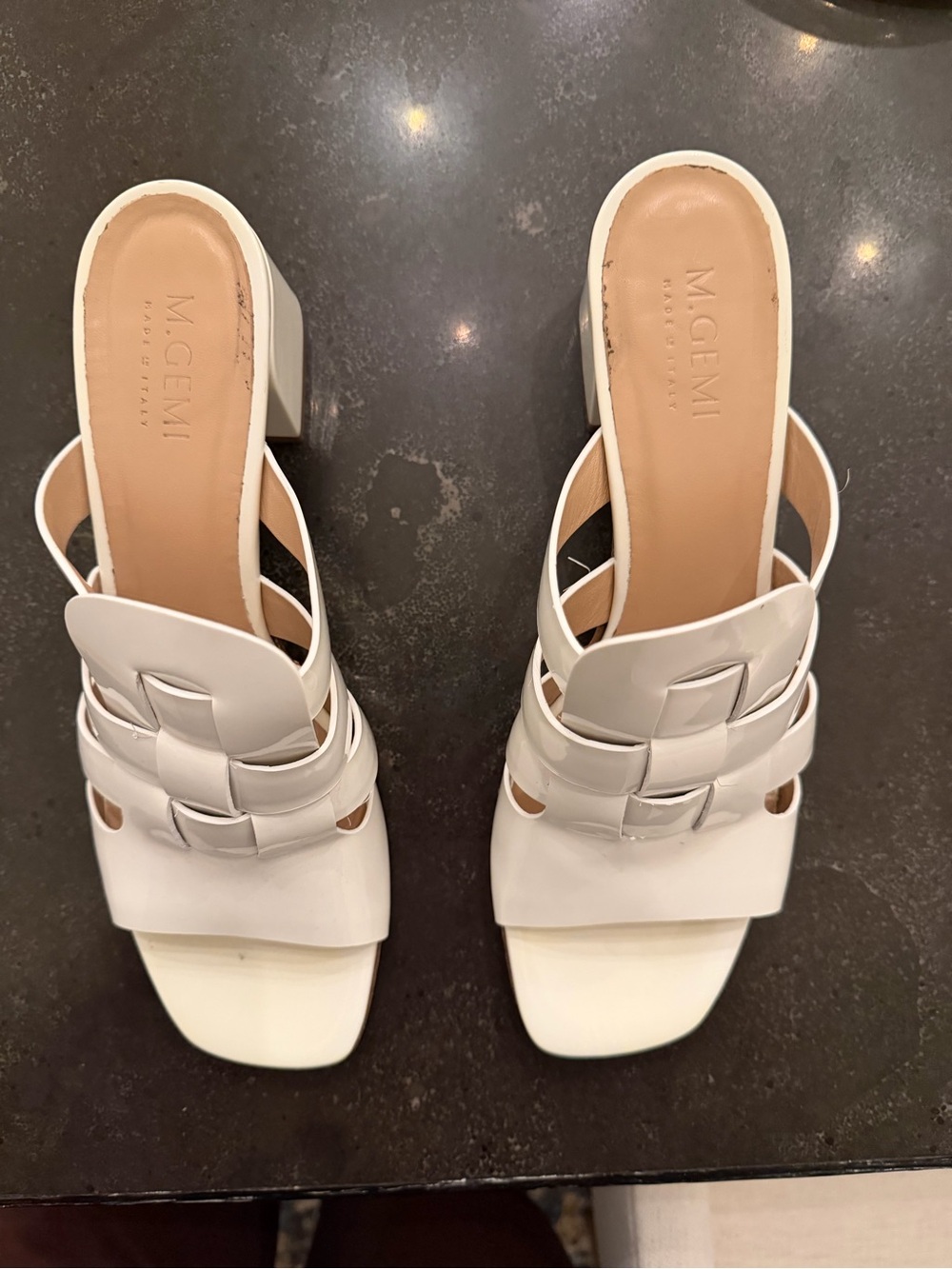 M. Gemi White Woven Leather Block Heel Slides